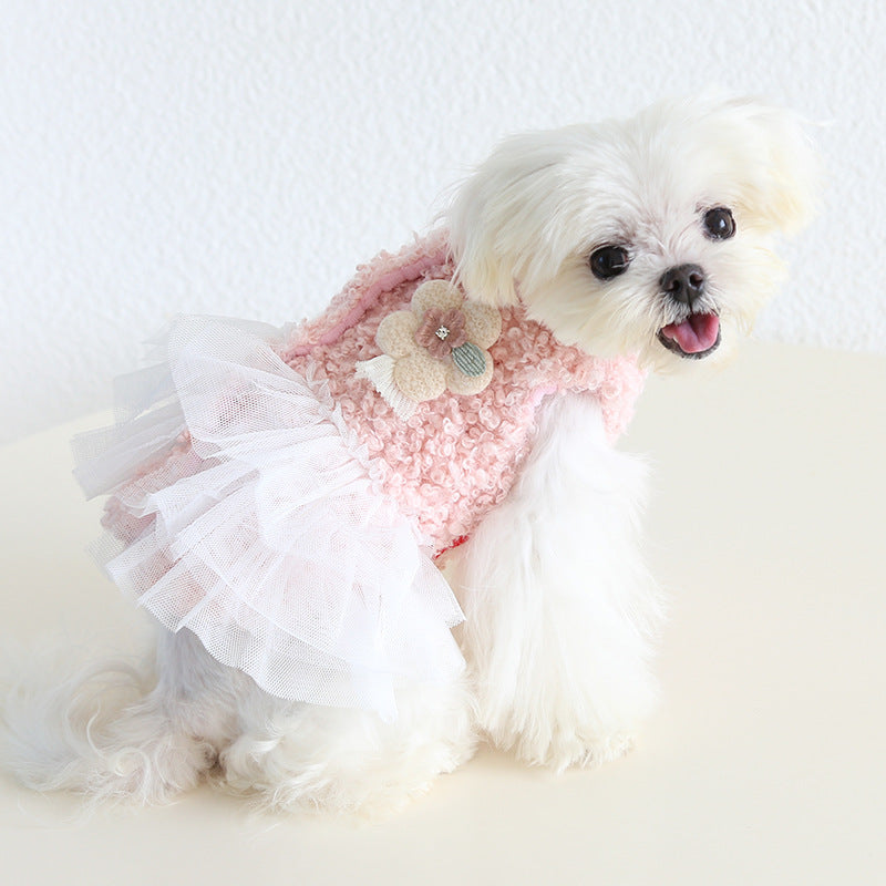 Winter Warm Dress Tricolor Floral Furry Tulle Dog for Small Medium Dogs Pet Clothing