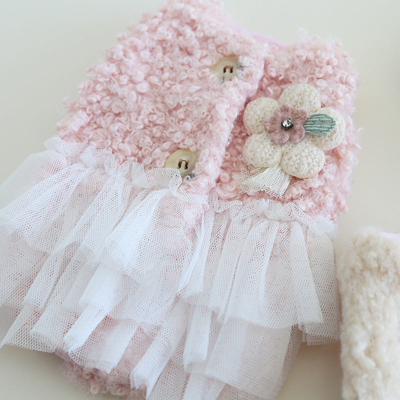 Winter Warm Dress Tricolor Floral Furry Tulle Dog for Small Medium Dogs Pet Clothing