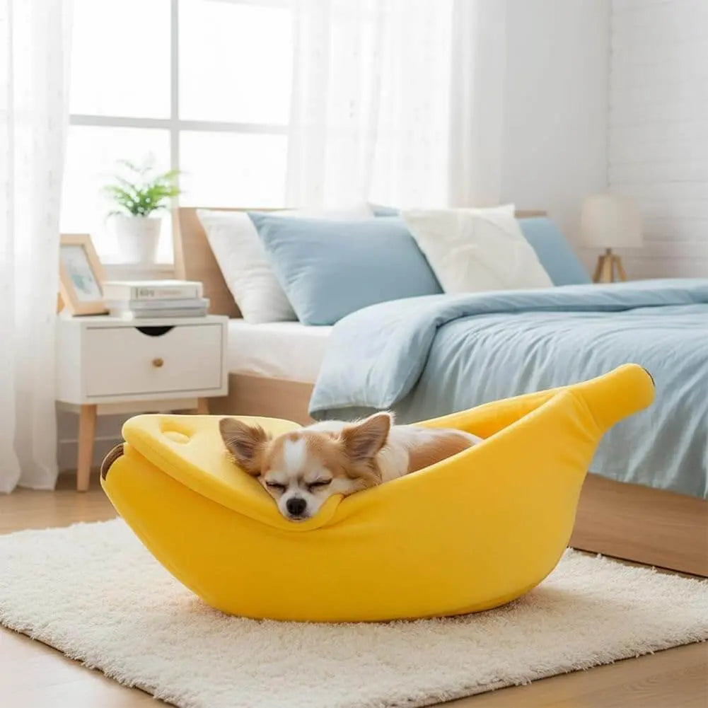 Cloud-Soft Banana Cat Cave – Anxiety-Relieving Semi-Enclosed Nest Bed
