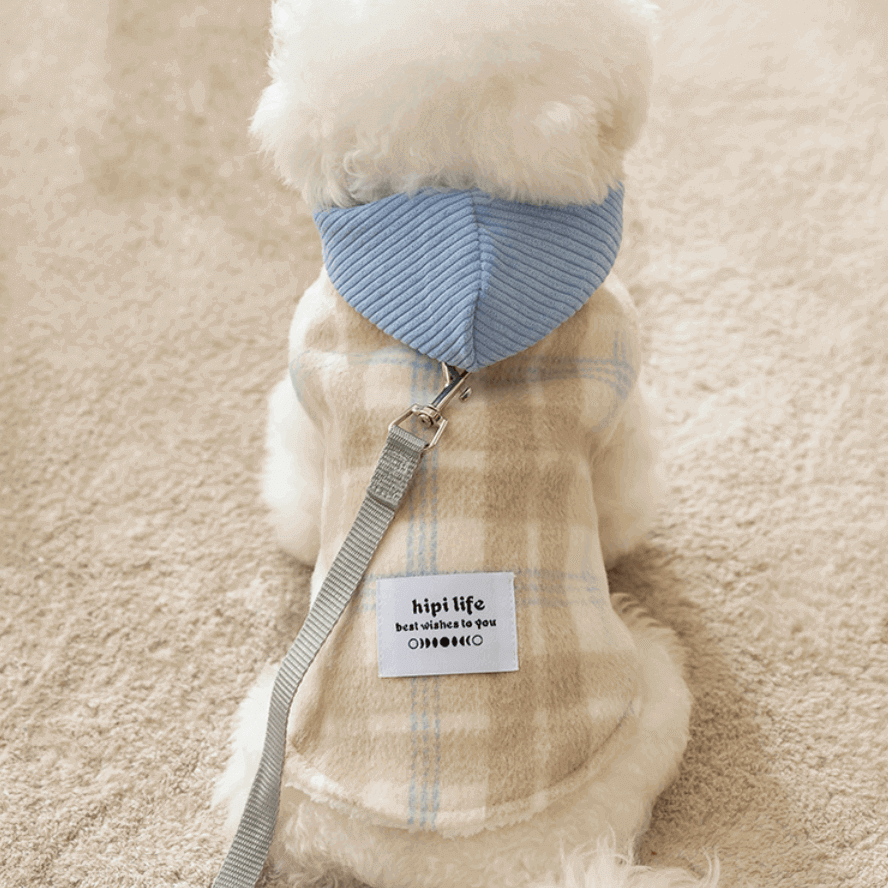 Dog Vest Plush Lined Checkerboard Hoodie with Leash Hole Gray Size XS-XXL