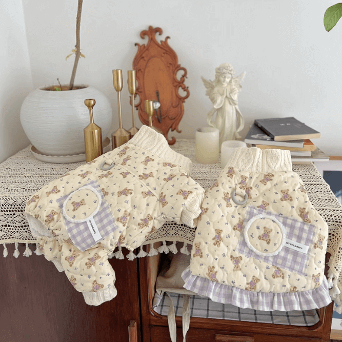 Lamb Wool Skirt Pet Dress – French Bulldog Outfit with Bear Print