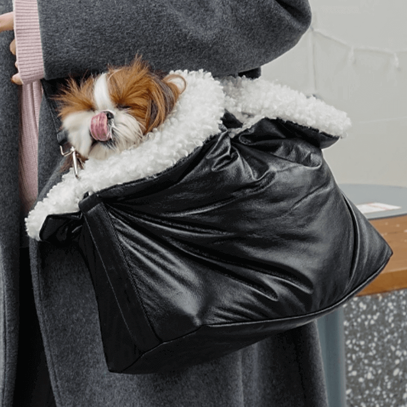 Winter Pet Carrier with Plush Trim - Adjustable Black Sling Bag for Small Dogs