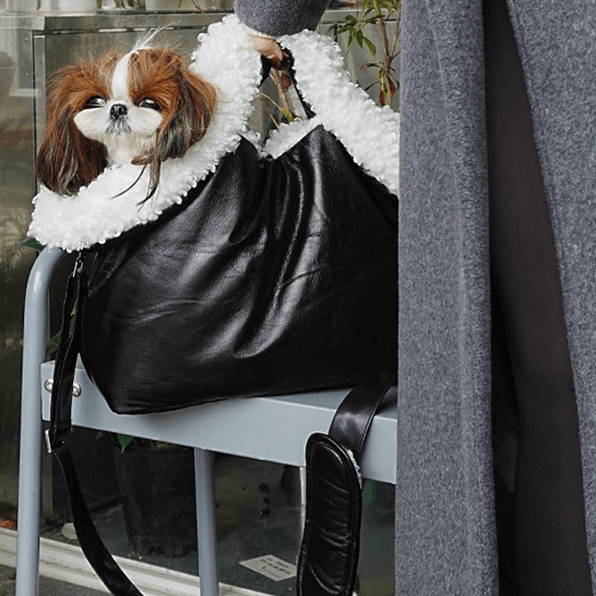 Winter Pet Carrier with Plush Trim - Adjustable Black Sling Bag for Small Dogs