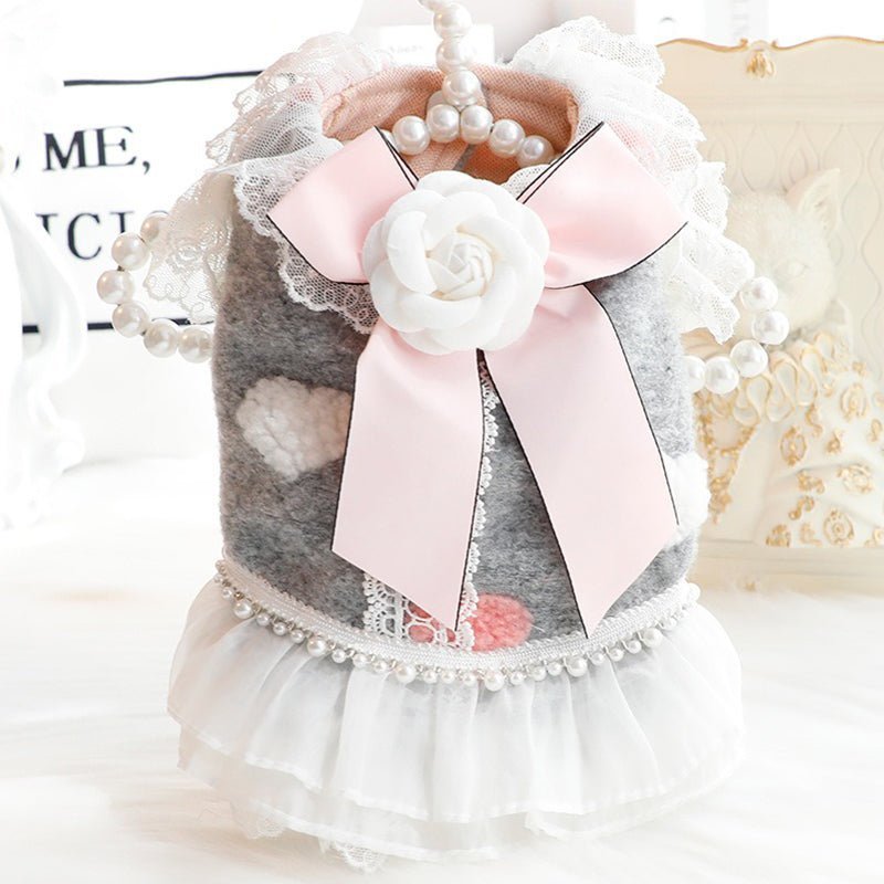 Cat Dress Tweed Faux Pearl Elegant Pretty Style Fall Winter Warm - PIKAPIKA