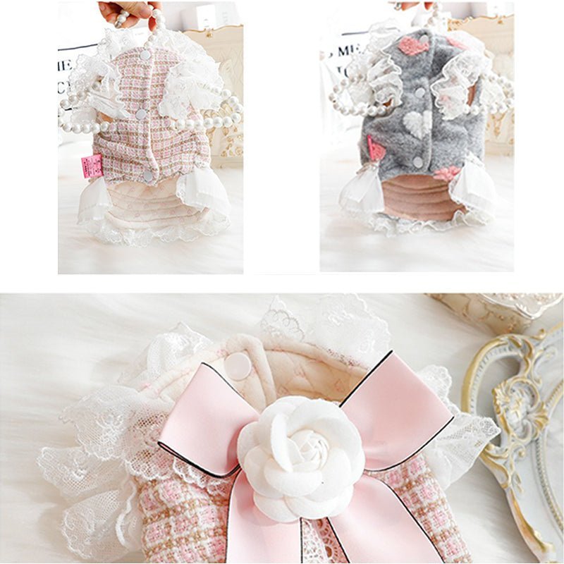 Cat Dress Tweed Faux Pearl Elegant Pretty Style Fall Winter Warm - PIKAPIKA