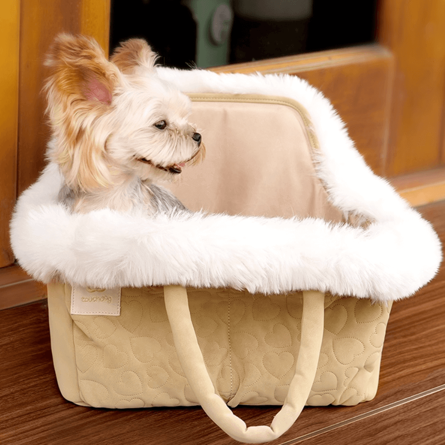 Spacious Pet Tote Bag with Faux Otter Fur Trim and Adjustable Safety Leash