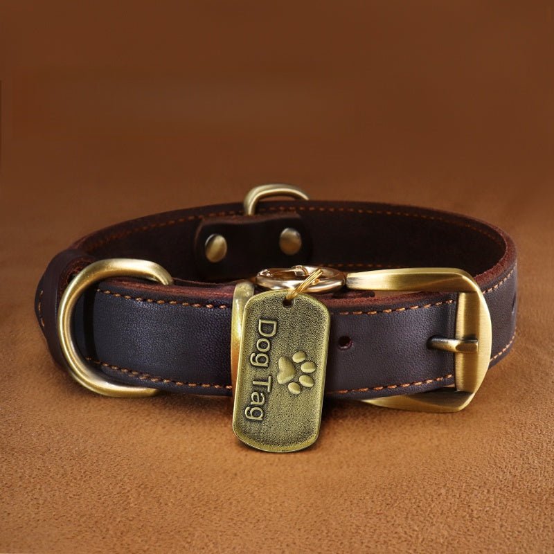 Custom Engraved Leather Dog Collar with ID Tag & Bell Anti - Lost Pet Neck Strap - PIKAPIKA