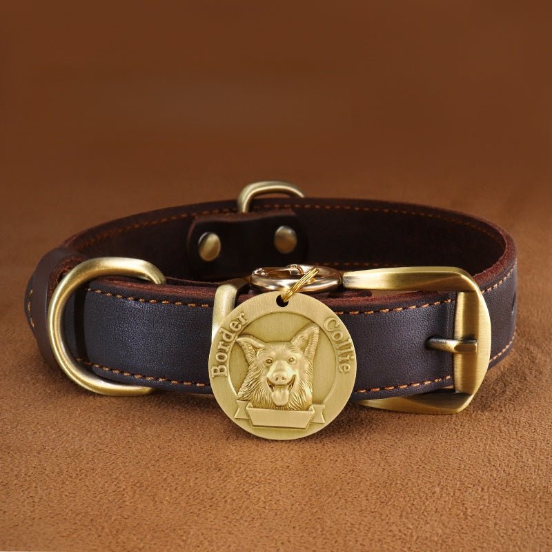 Custom Engraved Leather Dog Collar with ID Tag & Bell Anti - Lost Pet Neck Strap - PIKAPIKA