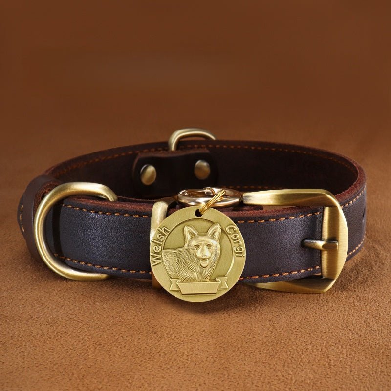 Custom Engraved Leather Dog Collar with ID Tag & Bell Anti - Lost Pet Neck Strap - PIKAPIKA