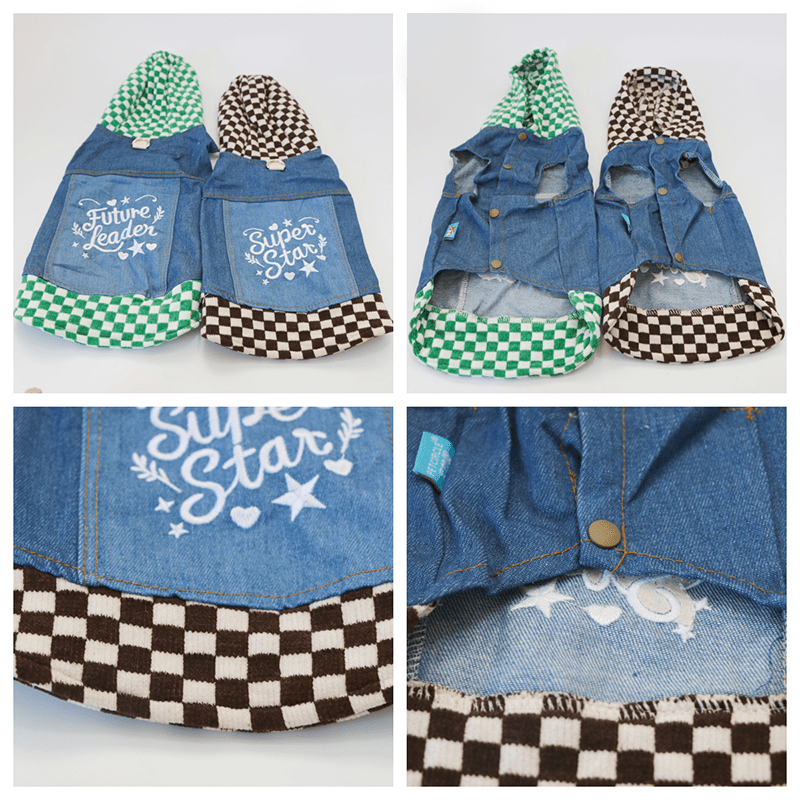 Dachshund Dog Clothes Denim Patchwork Checkered Hooded Button Sweatshirt Jacket - PIKAPIKA
