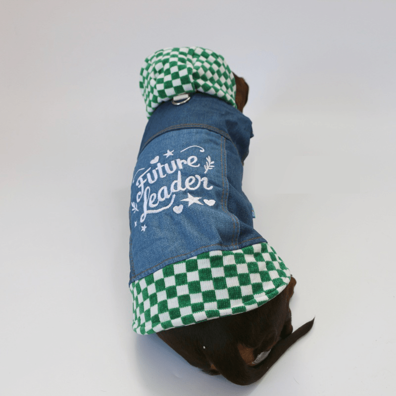 Dachshund Dog Clothes Denim Patchwork Checkered Hooded Button Sweatshirt Jacket - PIKAPIKA