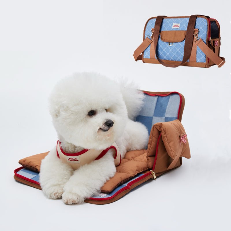 Dog Carrier Cotton Denim Portable Car Seat with Soft Padded for Bichon Maltese - PIKAPIKA