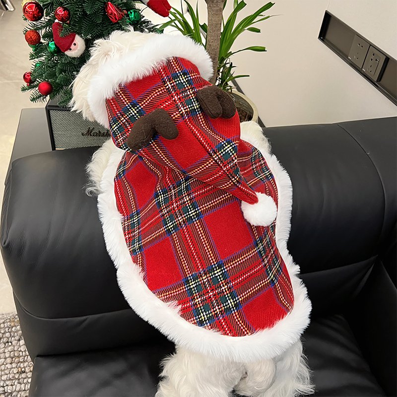Dog Clothes Fleece Cloak Tartan Christmas Coat with Hat - PIKAPIKA