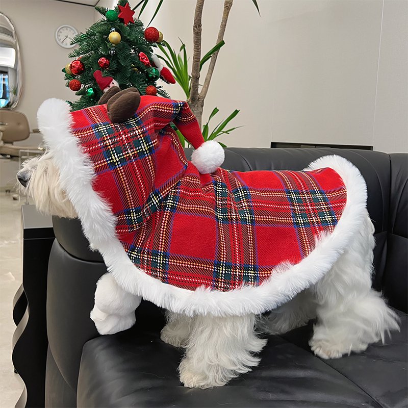 Dog Clothes Fleece Cloak Tartan Christmas Coat with Hat - PIKAPIKA