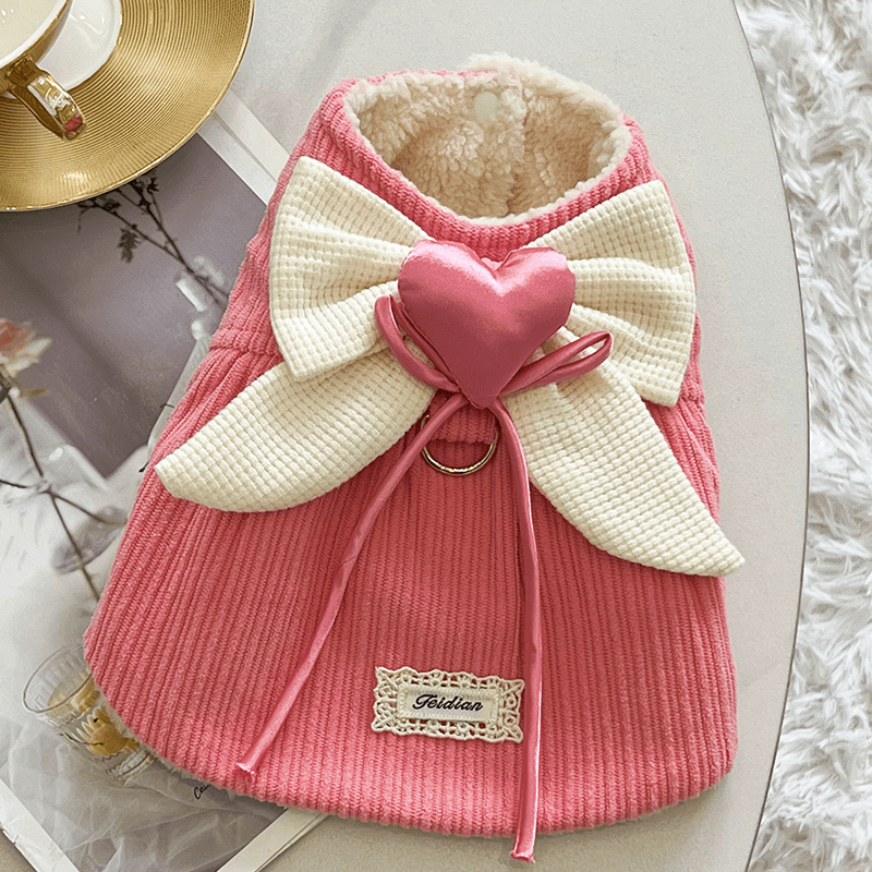Dog Coat Vest Lady Princess Bowknot Fleece Jacket with Leash Ring - PIKAPIKA