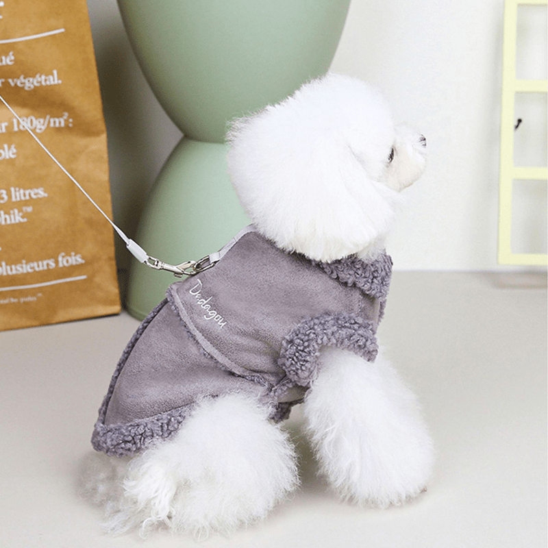 Dog Jacket Suede Fleece Vest Sleeveless Clothes with Leash Winter Warm - PIKAPIKA