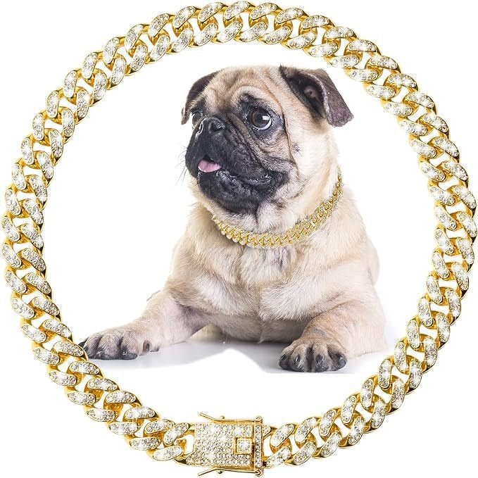 Dog Necklace Accessory Faux Diamonds Golden Chain - PIKAPIKA