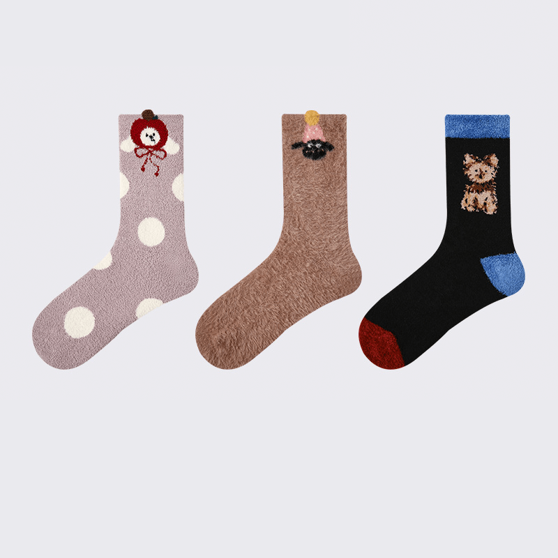 Dog Pattern 3pcs Thick Socks Faux Mink Fleece Warm Slouch Socks for Human - PIKAPIKA