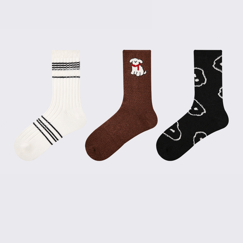 Dog Pattern 3pcs Thick Socks Faux Mink Fleece Warm Slouch Socks for Human - PIKAPIKA