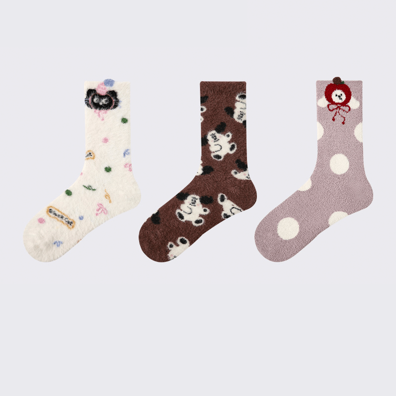 Dog Pattern 3pcs Thick Socks Faux Mink Fleece Warm Slouch Socks for Human - PIKAPIKA