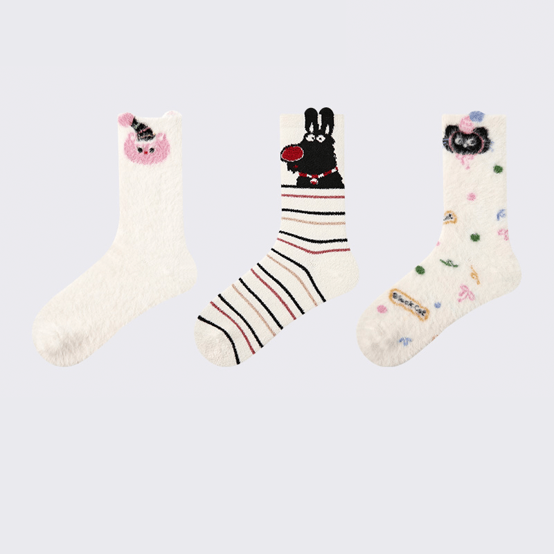 Dog Pattern 3pcs Thick Socks for Women, Faux Mink Fleece Warm Slouch Socks - PIKAPIKA