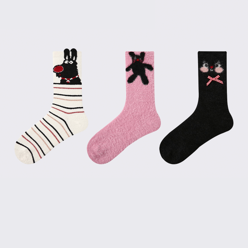 Dog Pattern 3pcs Thick Socks for Women, Faux Mink Fleece Warm Slouch Socks - PIKAPIKA