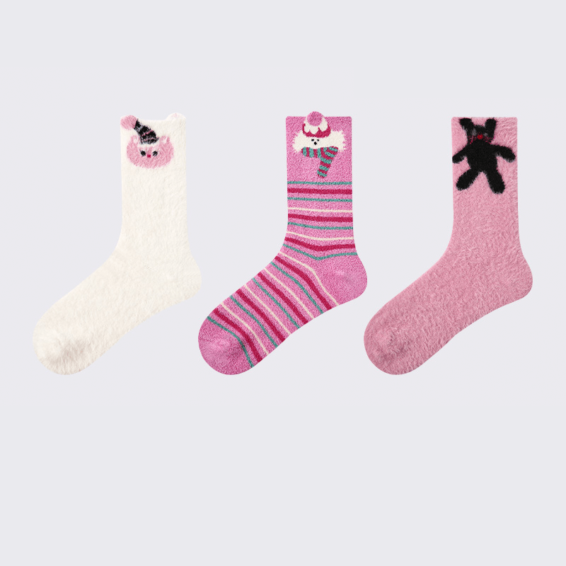 Dog Pattern 3pcs Thick Socks for Women, Faux Mink Fleece Warm Slouch Socks - PIKAPIKA
