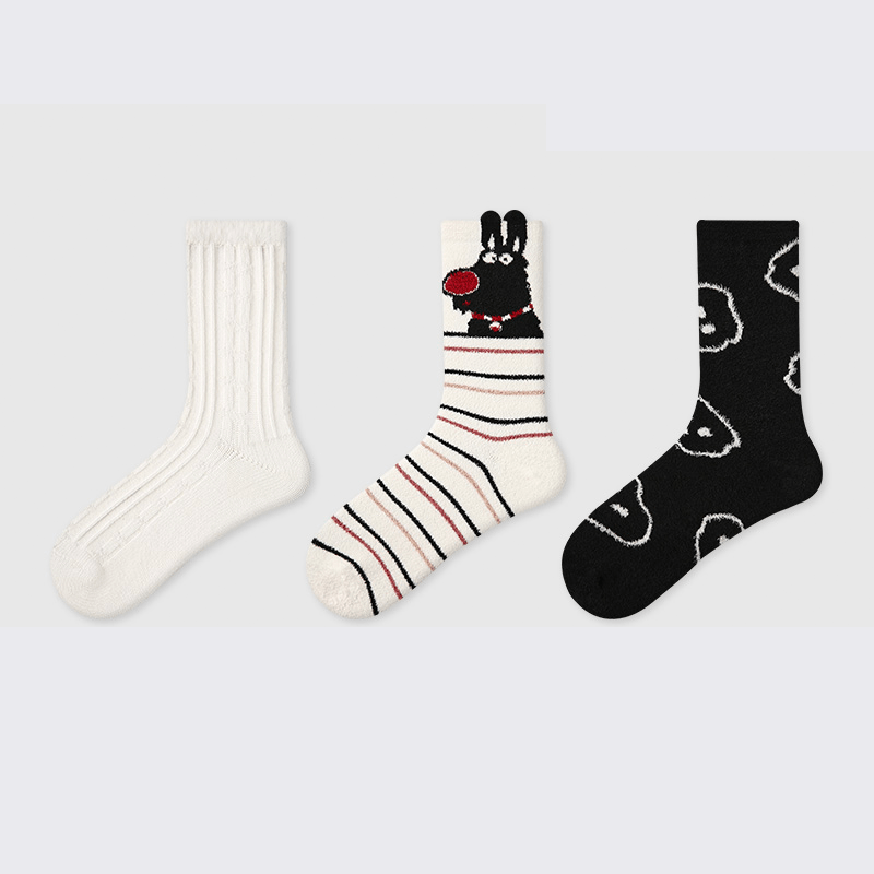 Dog Pattern 3pcs Thick Socks for Women, Faux Mink Fleece Warm Slouch Socks - PIKAPIKA