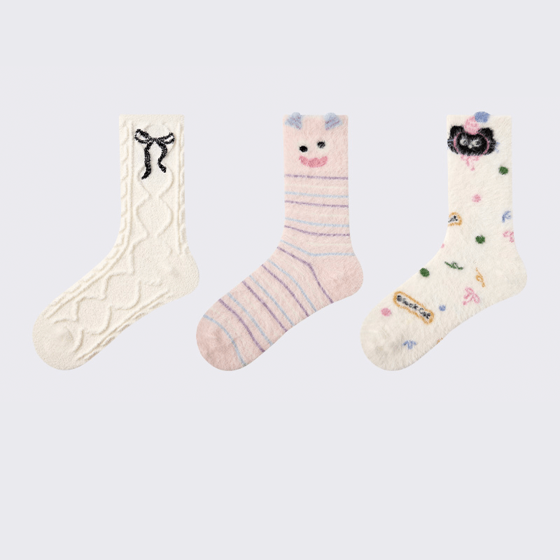 Dog Pattern 3pcs Thick Socks for Women, Faux Mink Fleece Warm Slouch Socks - PIKAPIKA