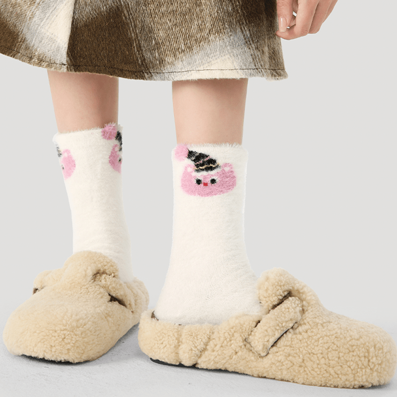 Dog Pattern 3pcs Thick Socks for Women, Faux Mink Fleece Warm Slouch Socks - PIKAPIKA