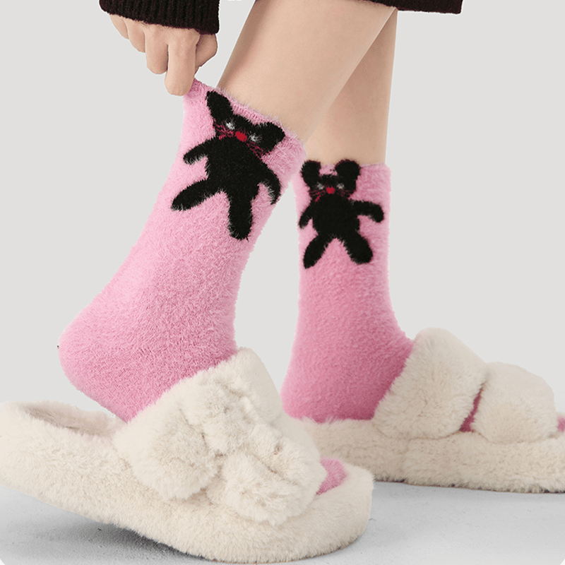 Dog Pattern 3pcs Thick Socks for Women, Faux Mink Fleece Warm Slouch Socks - PIKAPIKA