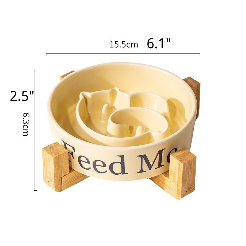 Dog Slow Feeder Ceramic Bowl With Wood Holder - PIKAPIKA