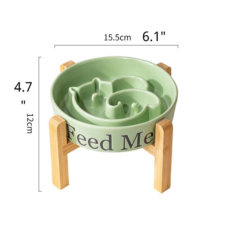 Dog Slow Feeder Ceramic Bowl With Wood Holder - PIKAPIKA