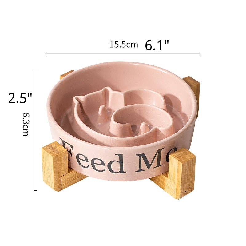 Dog Slow Feeder Ceramic Bowl With Wood Holder - PIKAPIKA
