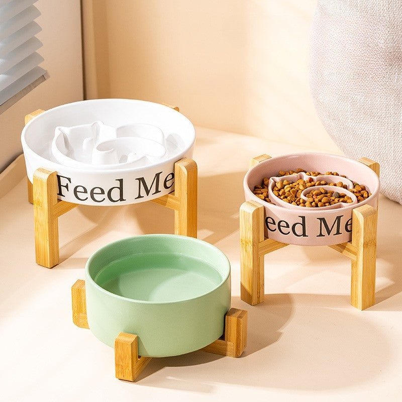 Dog Slow Feeder Ceramic Bowl With Wood Holder - PIKAPIKA