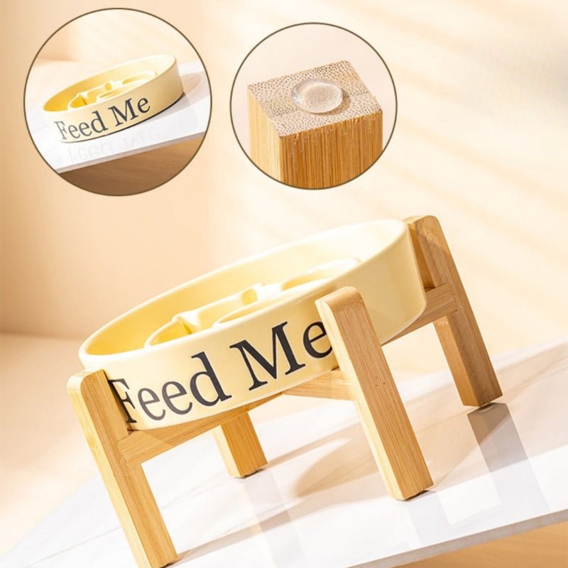 Dog Slow Feeder Ceramic Bowl With Wood Holder - PIKAPIKA