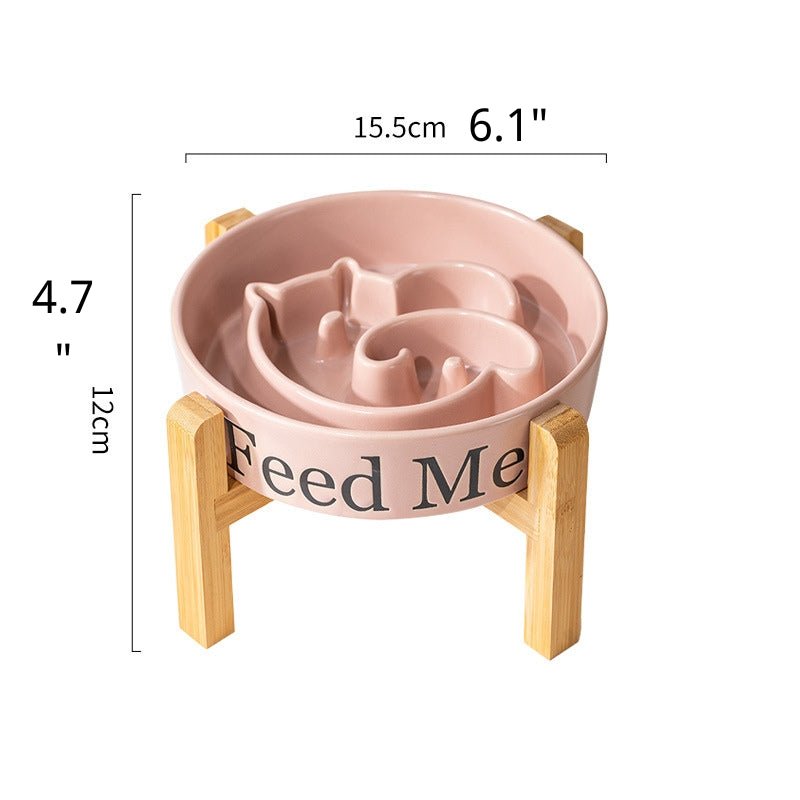 Dog Slow Feeder Ceramic Bowl With Wood Holder - PIKAPIKA