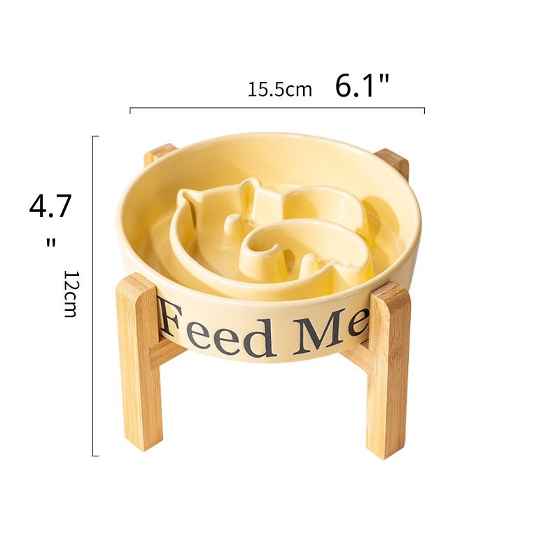 Dog Slow Feeder Ceramic Bowl With Wood Holder - PIKAPIKA
