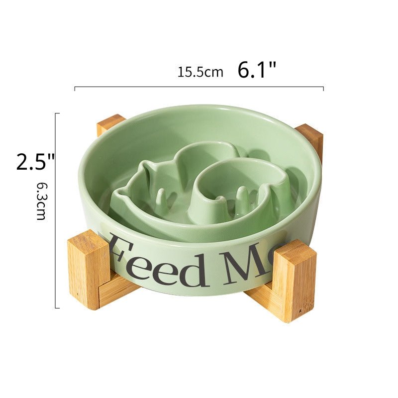 Dog Slow Feeder Ceramic Bowl With Wood Holder - PIKAPIKA