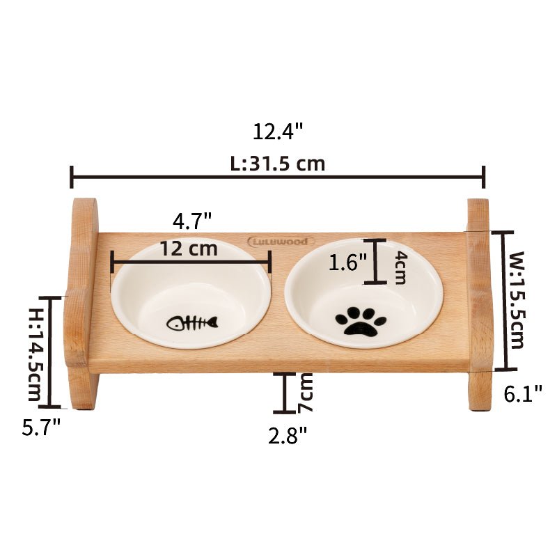 Double Ceramic Pet Bowl Food Water Bowl Wooden Holder - PIKAPIKA