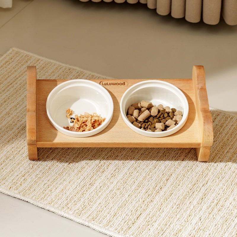 Double Ceramic Pet Bowl Food Water Bowl Wooden Holder - PIKAPIKA
