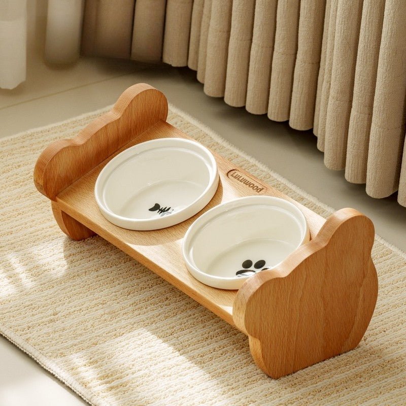 Double Ceramic Pet Bowl Food Water Bowl Wooden Holder - PIKAPIKA