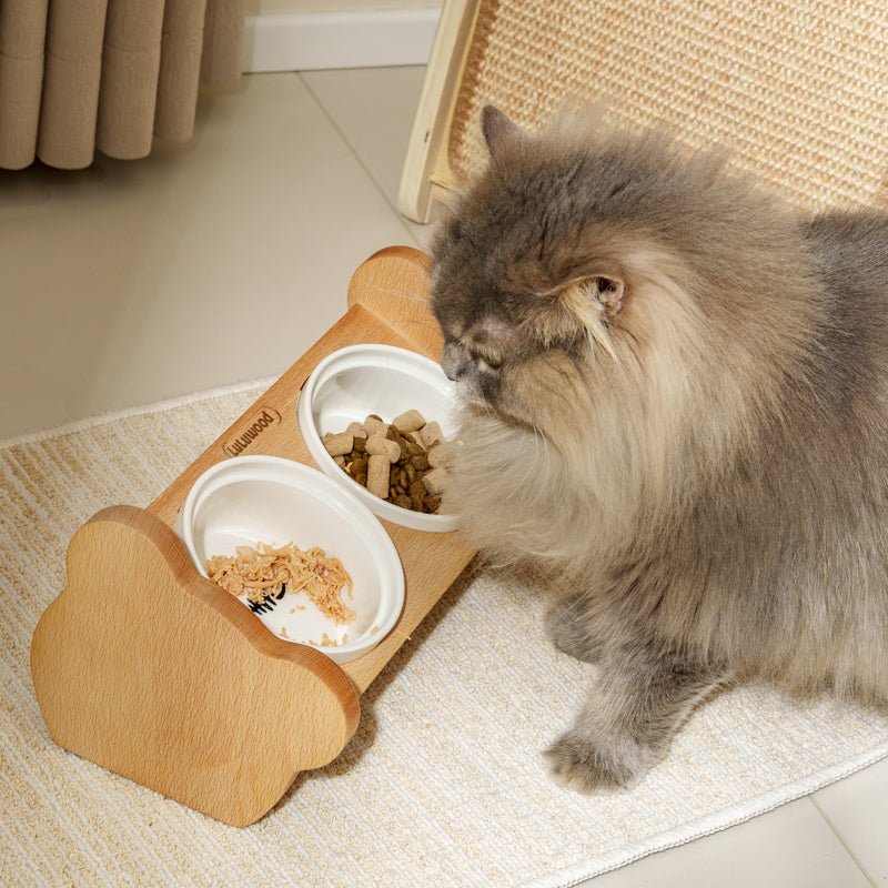 Double Ceramic Pet Bowl Food Water Bowl Wooden Holder - PIKAPIKA