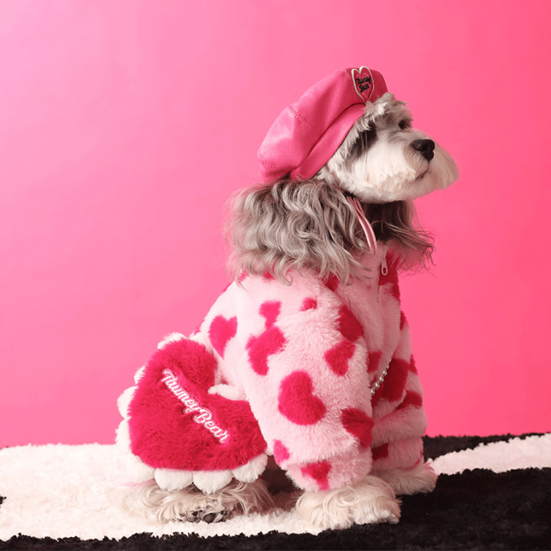 Faux Fur Dog Coat Valentine's Day Love Heart Plush Fleece Jacket with Bag - PIKAPIKA