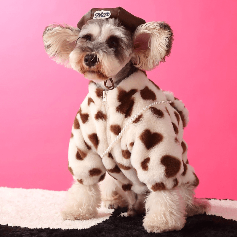 Faux Fur Dog Coat Valentine's Day Love Heart Plush Fleece Jacket with Bag - PIKAPIKA