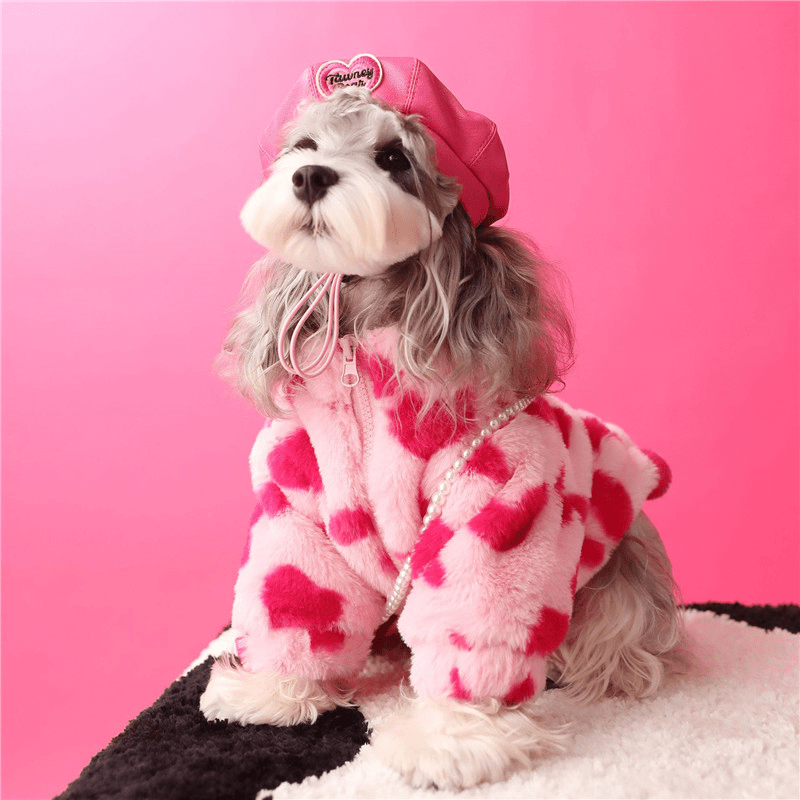 Faux Fur Dog Coat Valentine's Day Love Heart Plush Fleece Jacket with Bag - PIKAPIKA