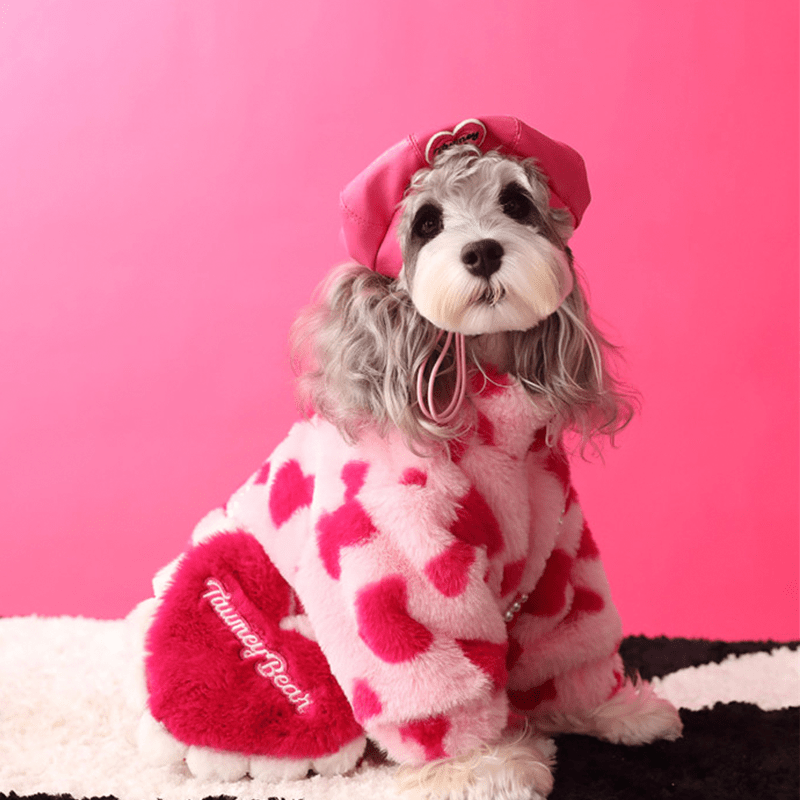 Faux Fur Dog Coat Valentine's Day Love Heart Plush Fleece Jacket with Bag - PIKAPIKA