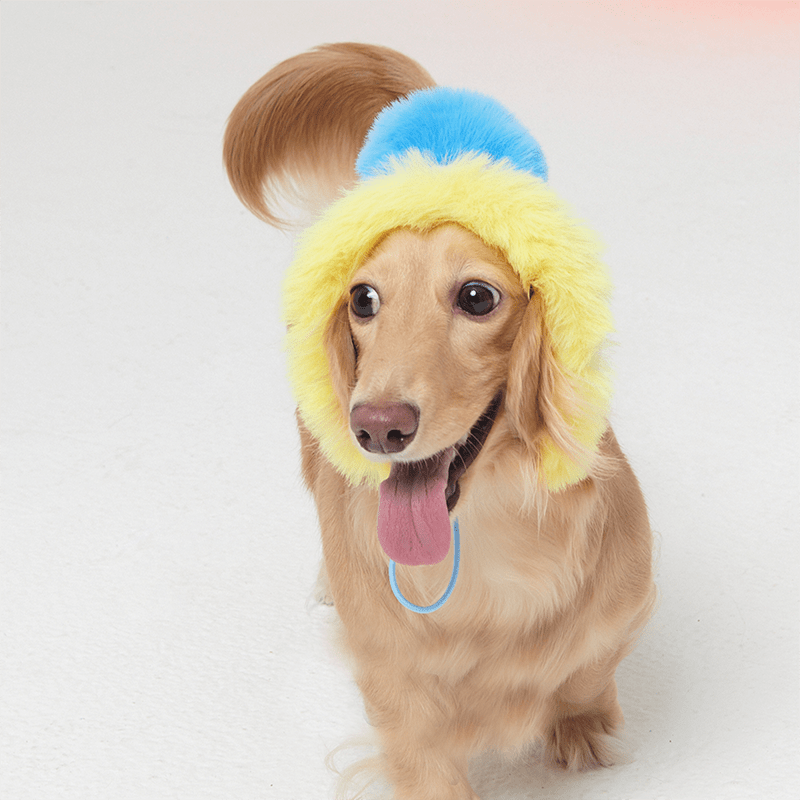 Faux Fur Hat Multicolor Blue+Yellow - PIKAPIKA