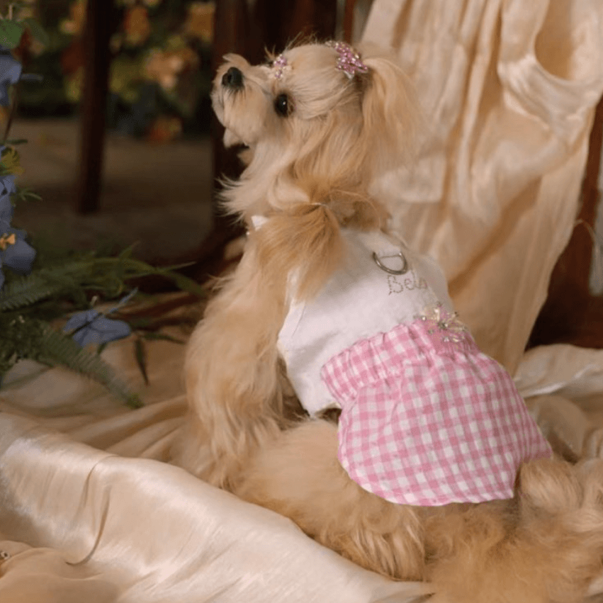 BELO Pink Plaid Rhinestone Dog Dress – Sparkly Pet Outfit for Small Dogs & Puppies