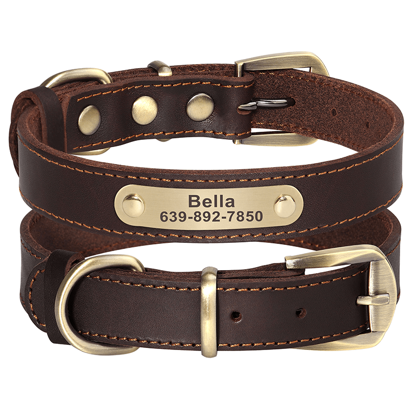 Genuine Leather Anti - Lost Engraved Dog Collar Custom ID Tag for Small Medium Dogs - PIKAPIKA